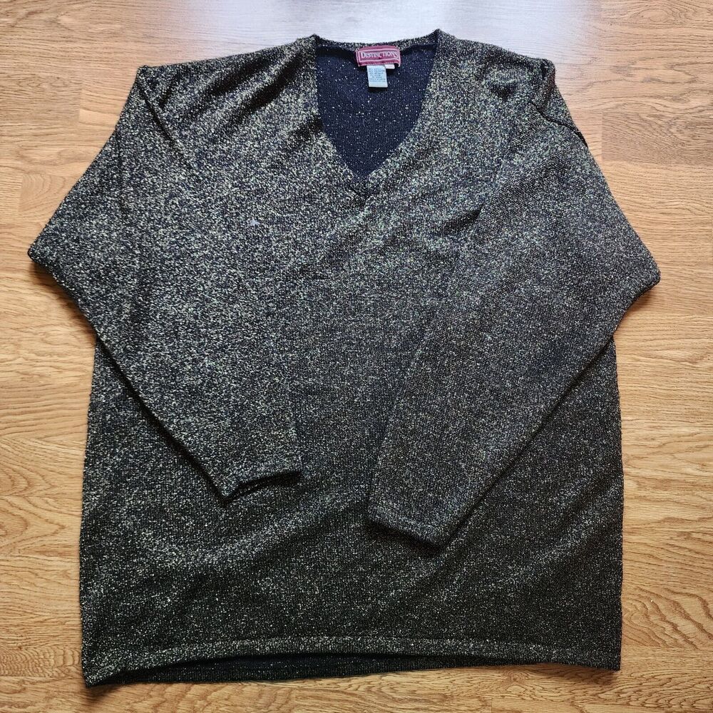 Distinctions Pullover V-Neck Sweater Womens Size 3XL Black Gold Glitter